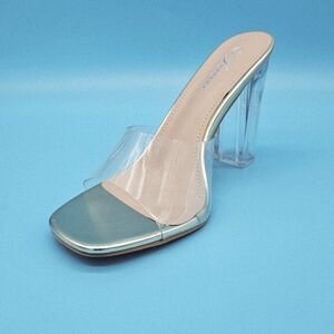 Clear Strap Block Heel Mule in Metallic Gold